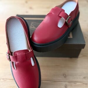 Red Platform Mary Jane Loafers with Adjustable Buckle Strap